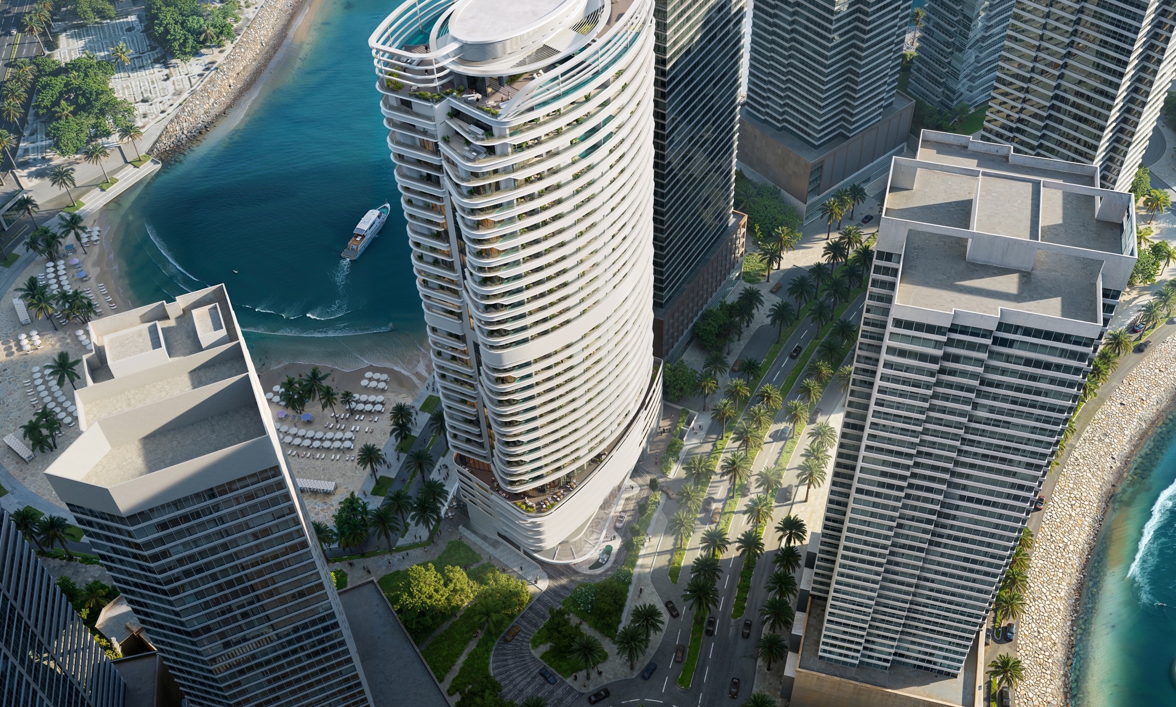 Aerial view of the DHA Karachi waterfront and beachfront towers